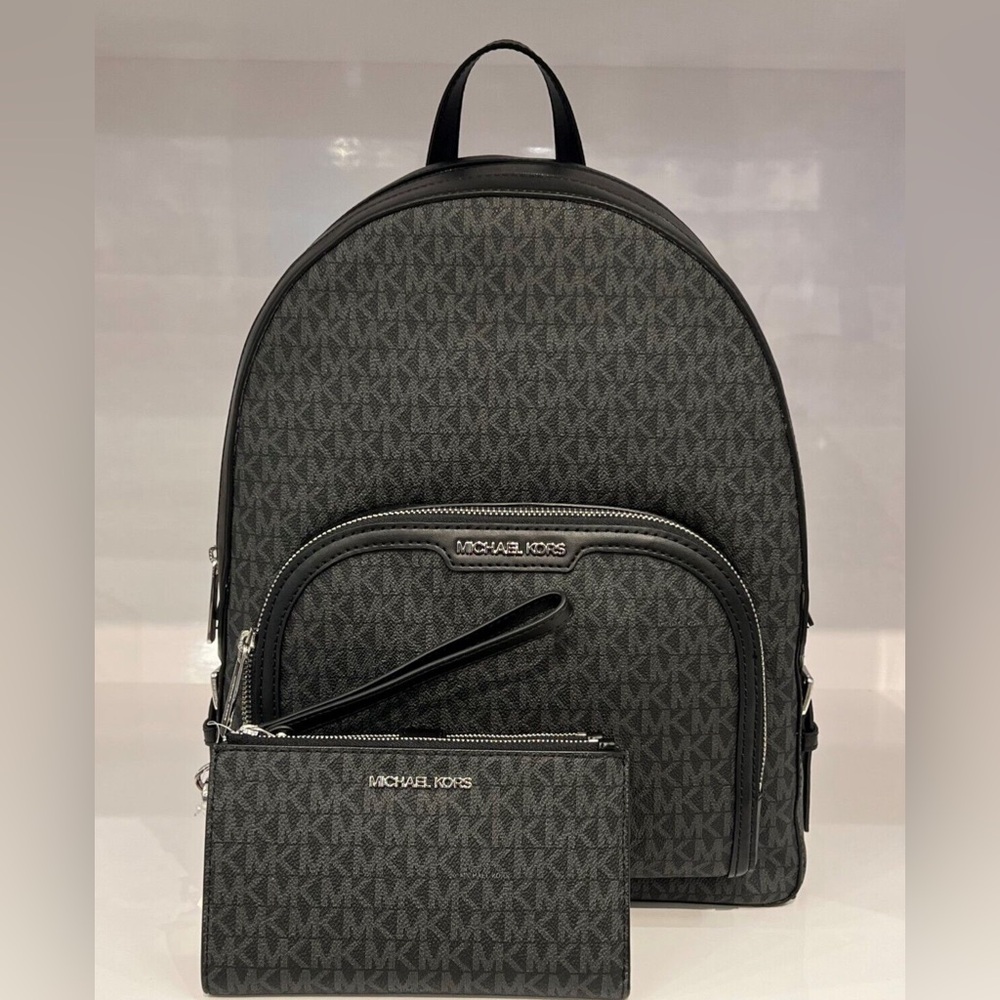 Mihcael Kors Jaycee Large Logo Backpack + Wallet Bundle Set In Black NWT
